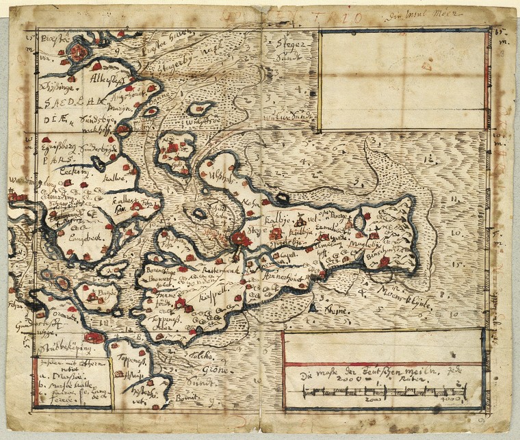Johannes Mejers kort over M&oslash;n fra ca. 1650